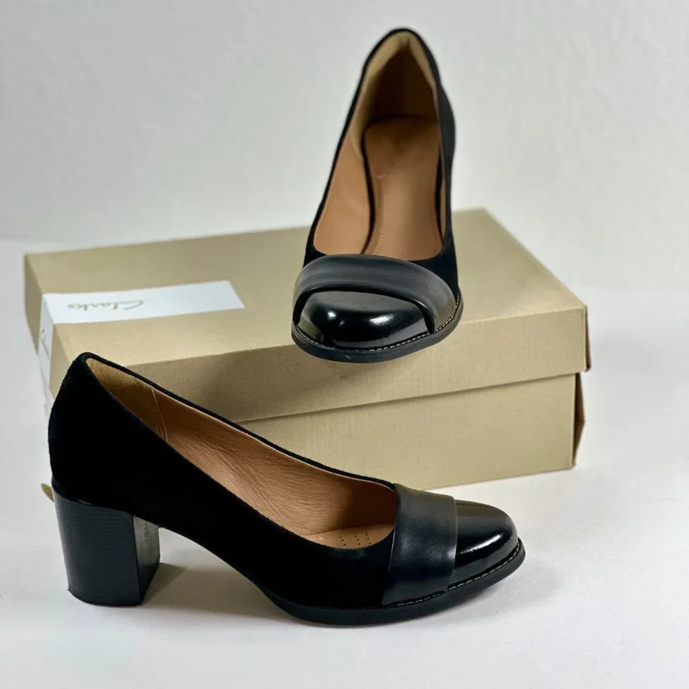 Clarks Artisan Tarah Brae Black Suede Patent Leather Pumps Women’s Size 6.5M - Picture 5 of 16